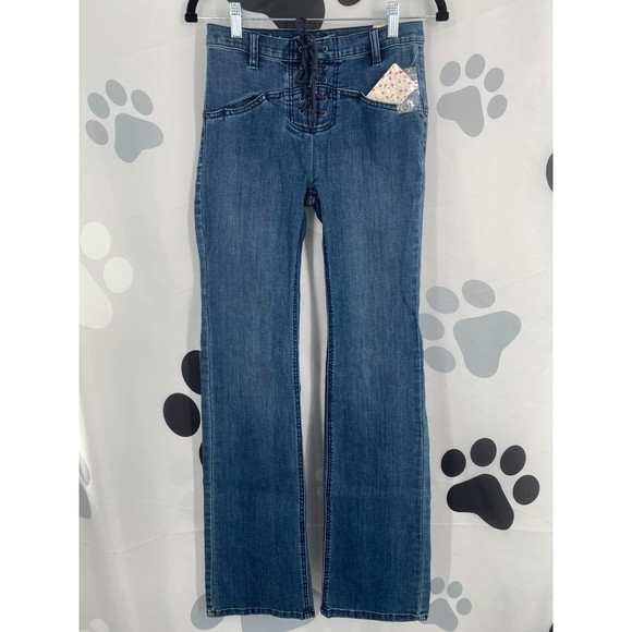 Free People NWT Eva Lace Up Bootcut Mid Rise Denim Jeans Baltic Blue 28 New - Picture 4 of 9